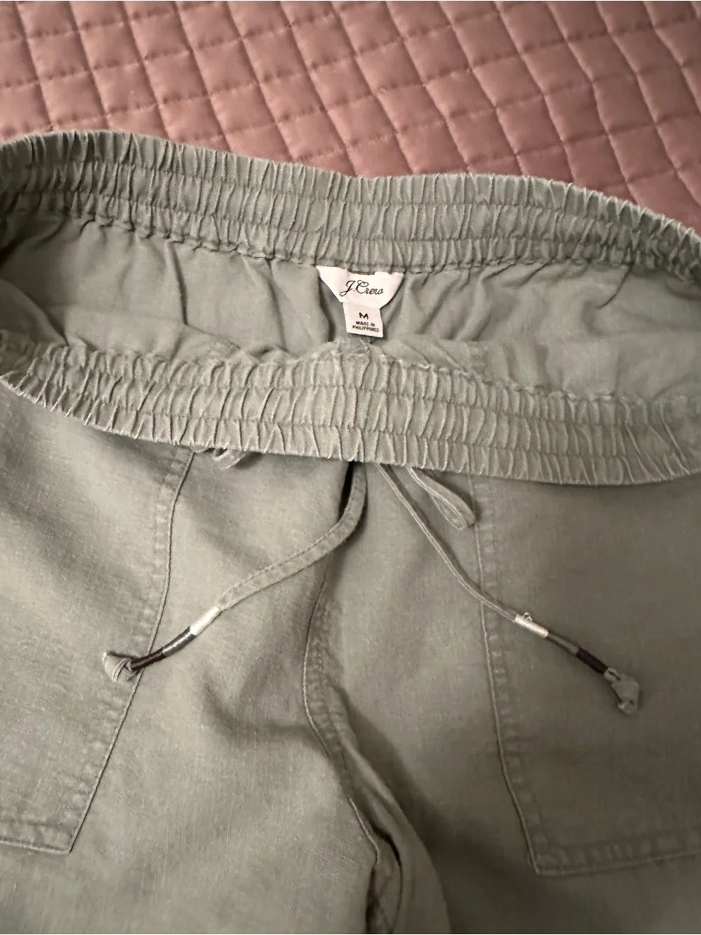 J Crew Relaxed Drawstring Linen Pants in Light Sage and Black
